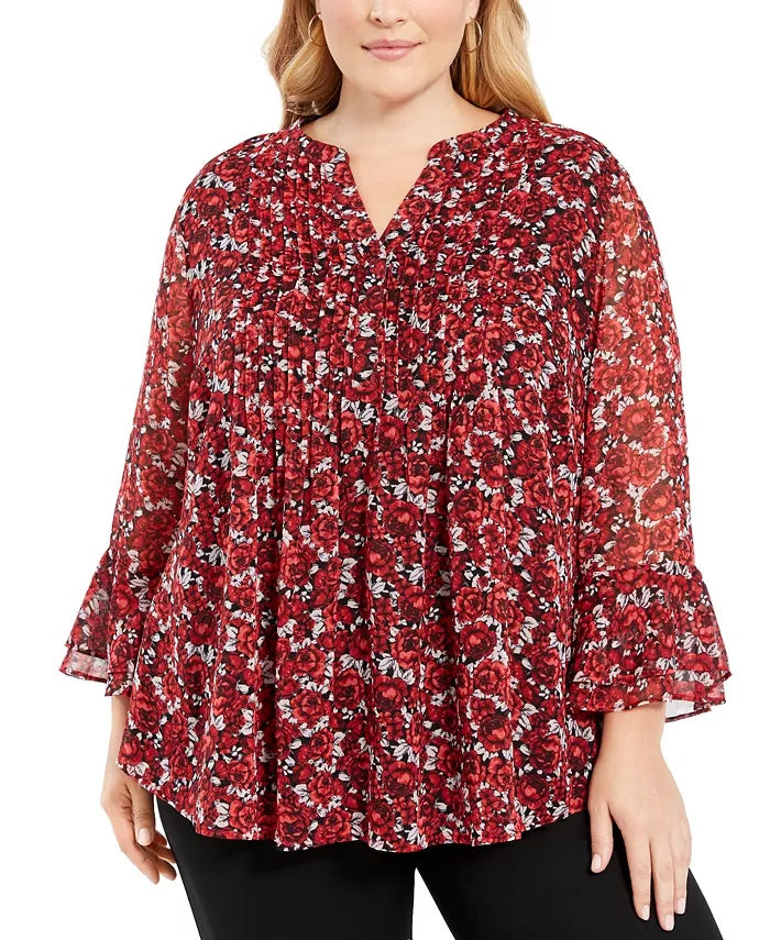 Charter Club Women's Plus Floral Print Pleated Blouse Red Size 0X