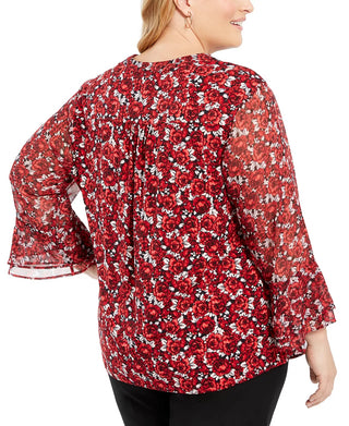 Charter Club Women's Plus Floral Print Pleated Blouse Red Size 0X