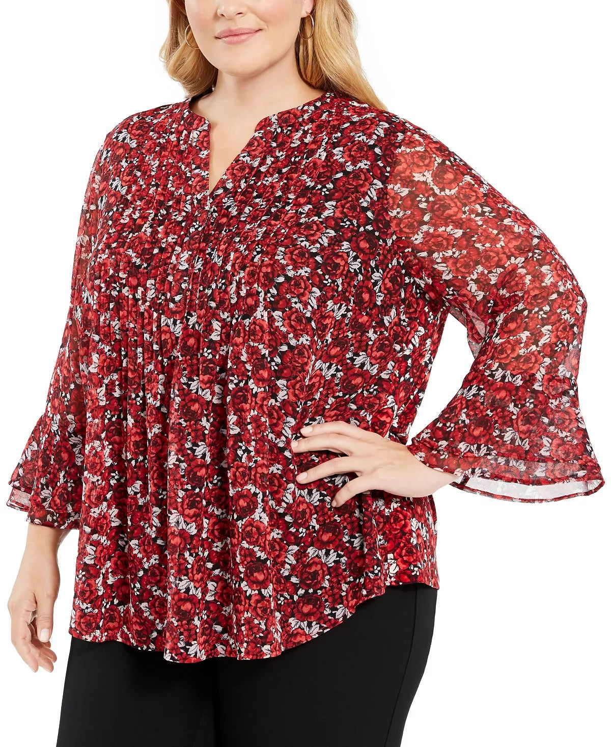 Charter Club Women's Plus Floral Print Pleated Blouse Red Size 0X