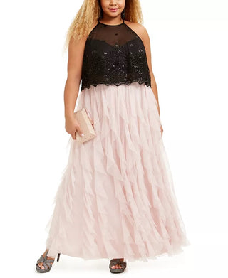 Teeze Me Women's Trendy Plus Glitter Mesh Gown Pink Size 18