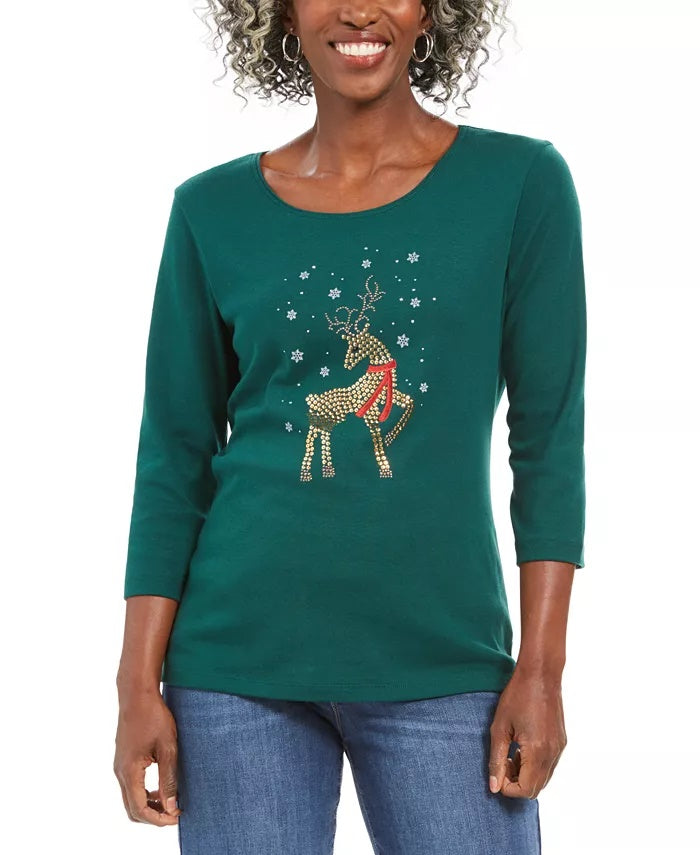 Karen Scott Women's Deer Decor Scoop Neck Top  Green Size PSM
