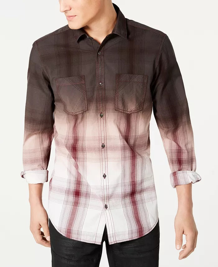 INC International Concepts Men's Regular Fit Dip Dyed Plaid Shirt Brown Size Small