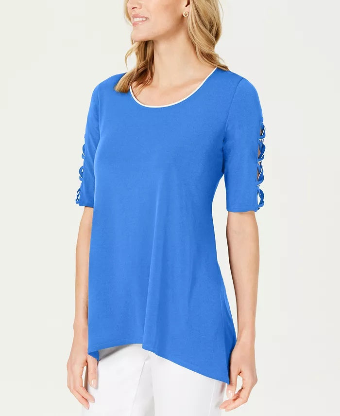 JM Collection Women's Braided Sleeve Tunic Blue Size Petite Medium