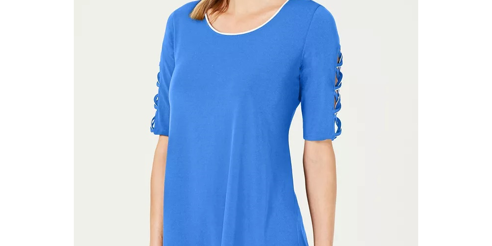 JM Collection Women's Braided Sleeve Tunic Blue Size Petite Medium