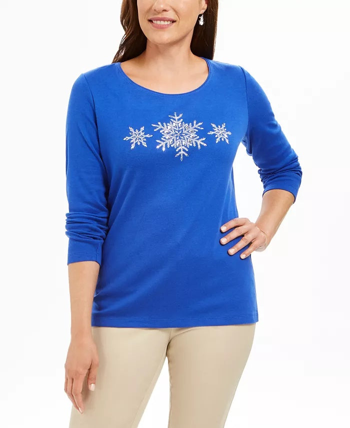 Karen Scott Women's Cotton Snowflake Graphic Top Blue Size PL