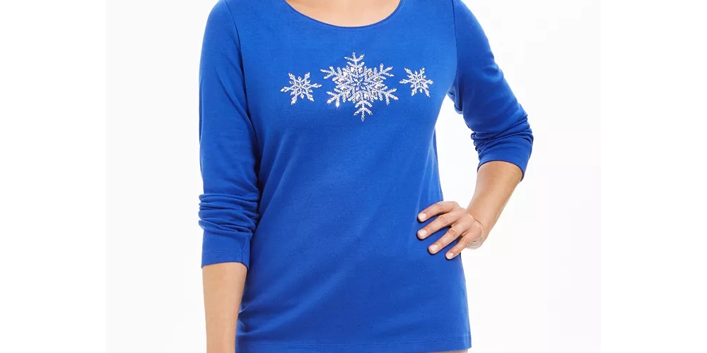 Karen Scott Women's Cotton Snowflake Graphic Top Blue Size PL