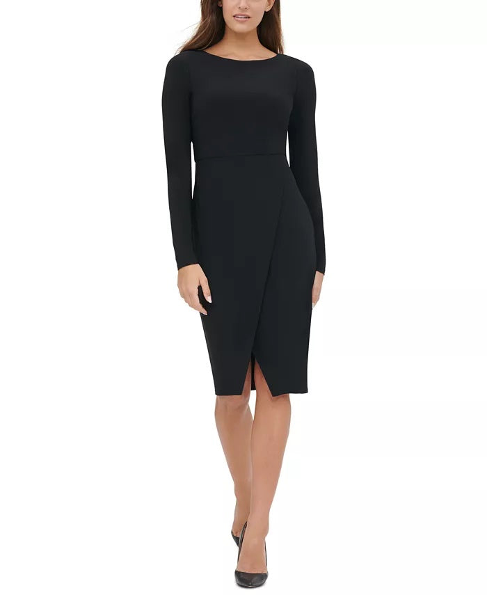 Tommy Hilfiger Women's Zippered Long Sleeve Jewel Neck Below The Knee Evening Dress Black Size 16