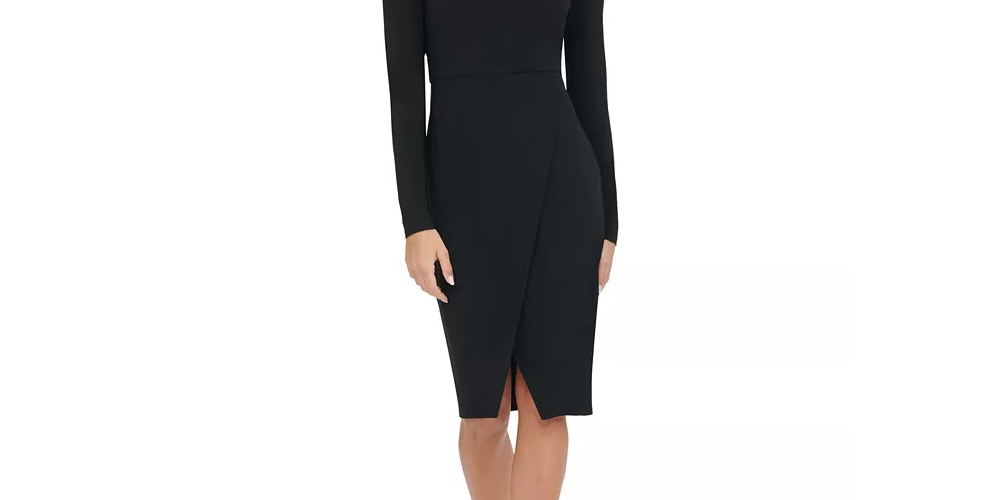 Tommy Hilfiger Women's Zippered Long Sleeve Jewel Neck Below The Knee Evening Dress Black Size 16