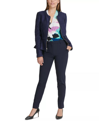 DKNY Women's Faux Suede Zip Front Peplum Jacket Blue Size 6 Petite