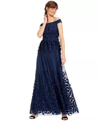Adrianna Papell Women's Off The Shoulder Embroidered Gown Blue Size 14