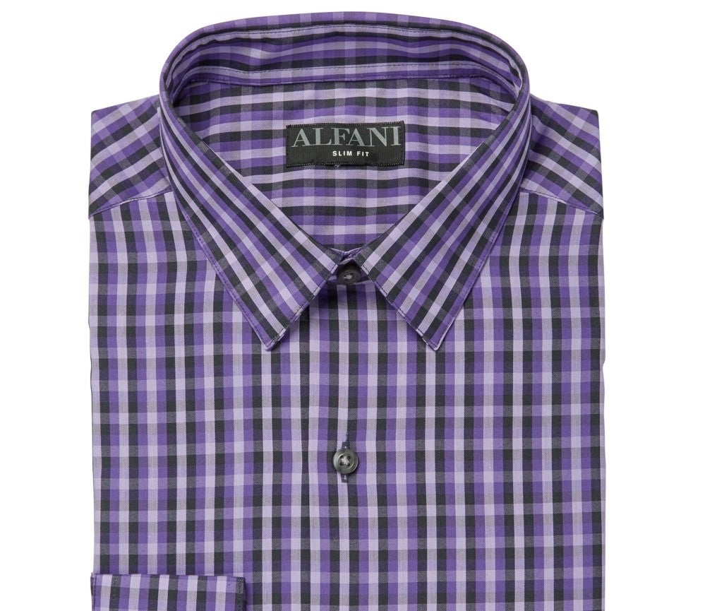Alfani Men's Alfatech Gingham Dress Shirt Purple Size 15/15.5-32/33
