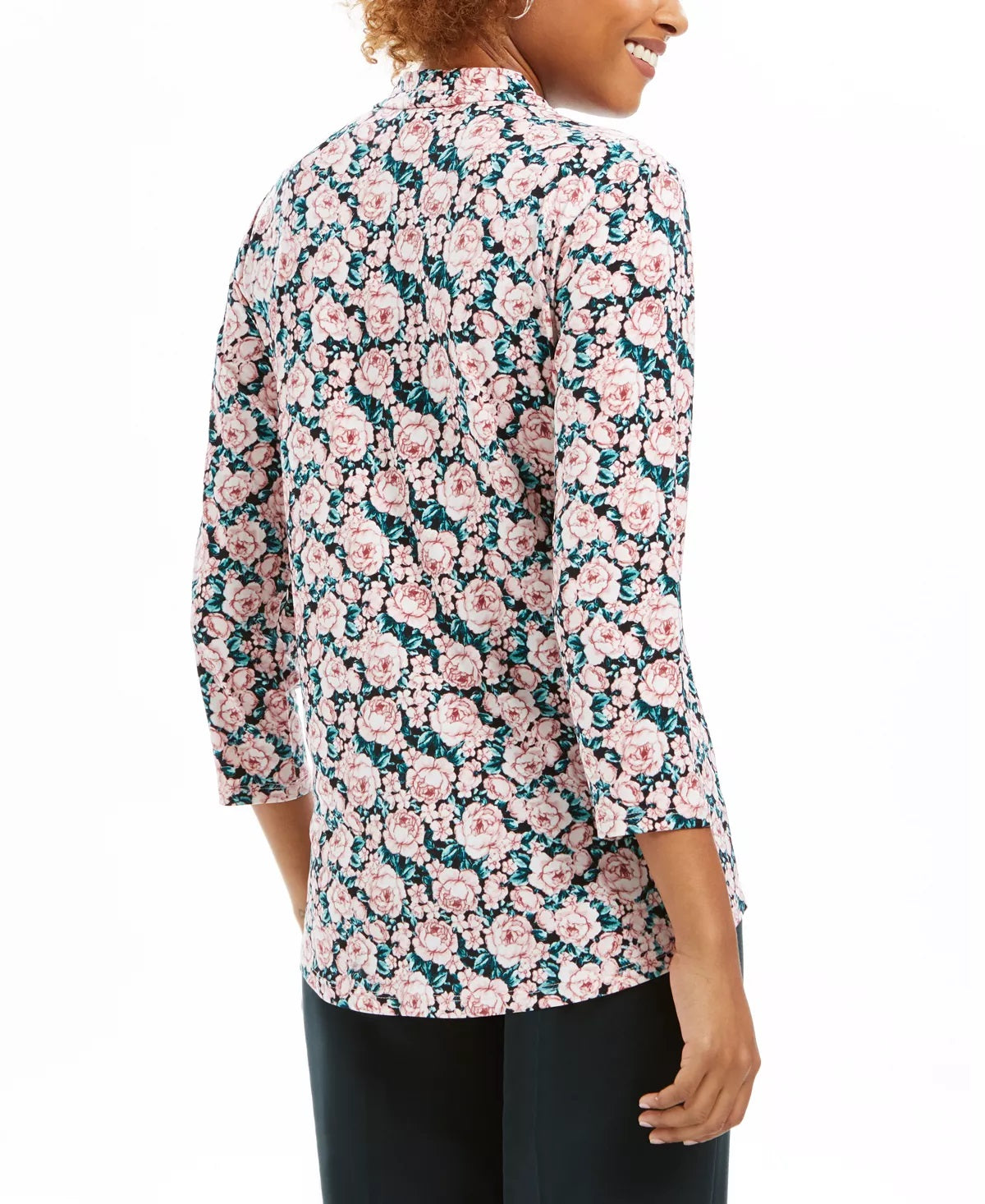 Charter Club Women's Floral Print Ruched V-Neck Blouse Pink Size X Large