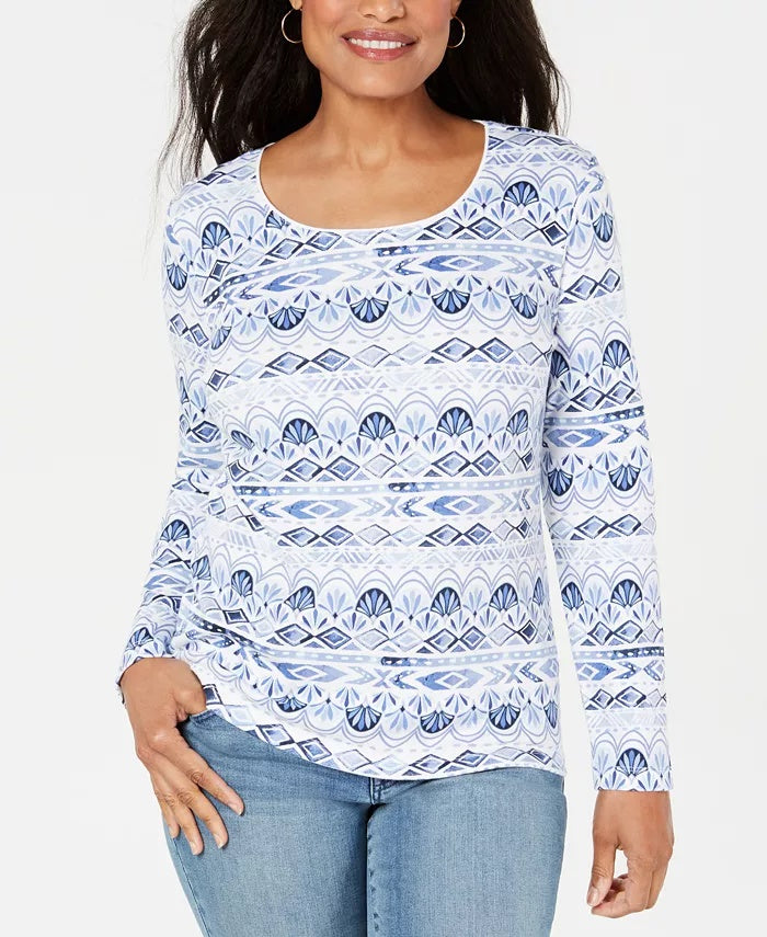 Karen Scott Women's Watercolor Scoop Neck Top Blue Size Small