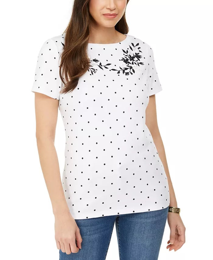 Karen Scott Women's Printed Embroidered Boat Neck Cotton Top Rose Size X-Small