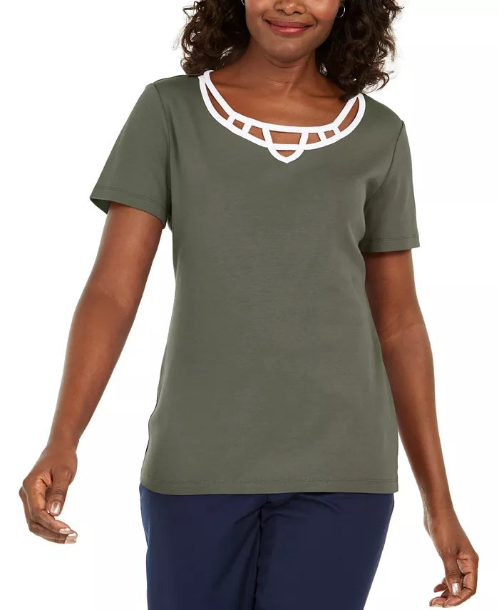 Karen Scott Women's Cotton Lattice Trim Top Green Size X-Small