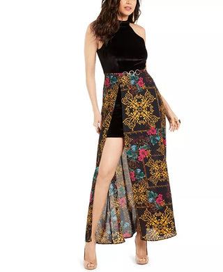 Thalia Sodi Women's Halter Printed Overlay Maxi Dress Black Size X-Small