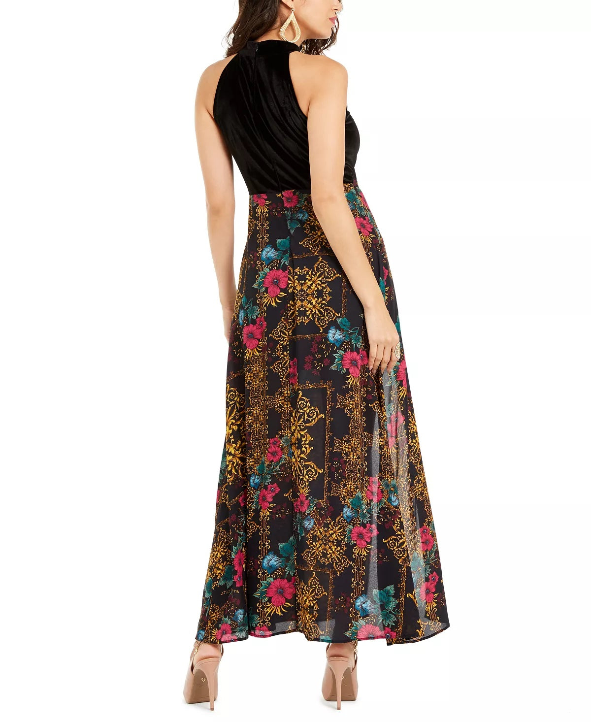 Thalia Sodi Women's Halter Printed Overlay Maxi Dress Black Size X-Small