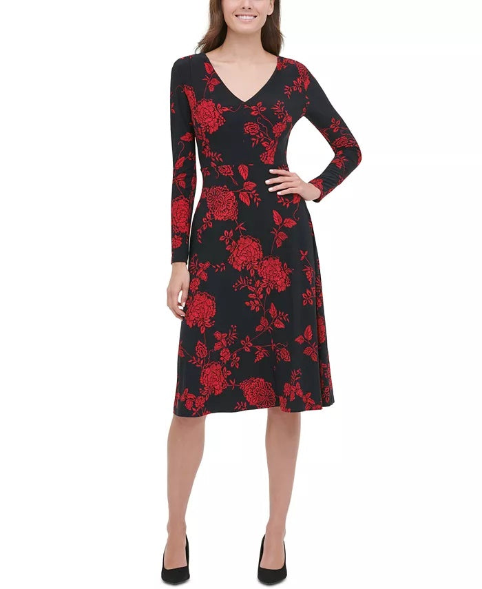 Tommy Hilfiger Women's Floral Print Fit & Flare Dress Black Size 4