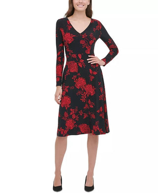Tommy Hilfiger Women's Floral Print Fit & Flare Dress Black Size 4