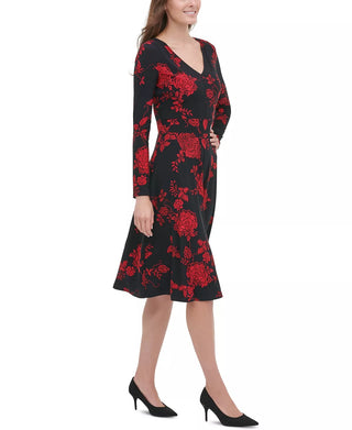 Tommy Hilfiger Women's Floral Print Fit & Flare Dress Black Size 4