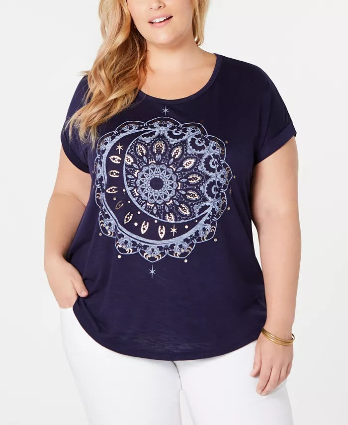 Style & Co Women's Plus Moon Graphic T-Shirt Blue Size 0X