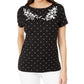 Karen Scott Women's Printed Embroidered Boat-Neck Cotton Top Black Size Small