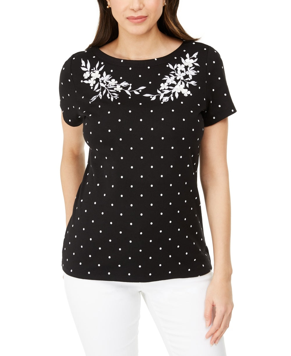 Karen Scott Women's Printed Embroidered Boat-Neck Cotton Top Black Size Small
