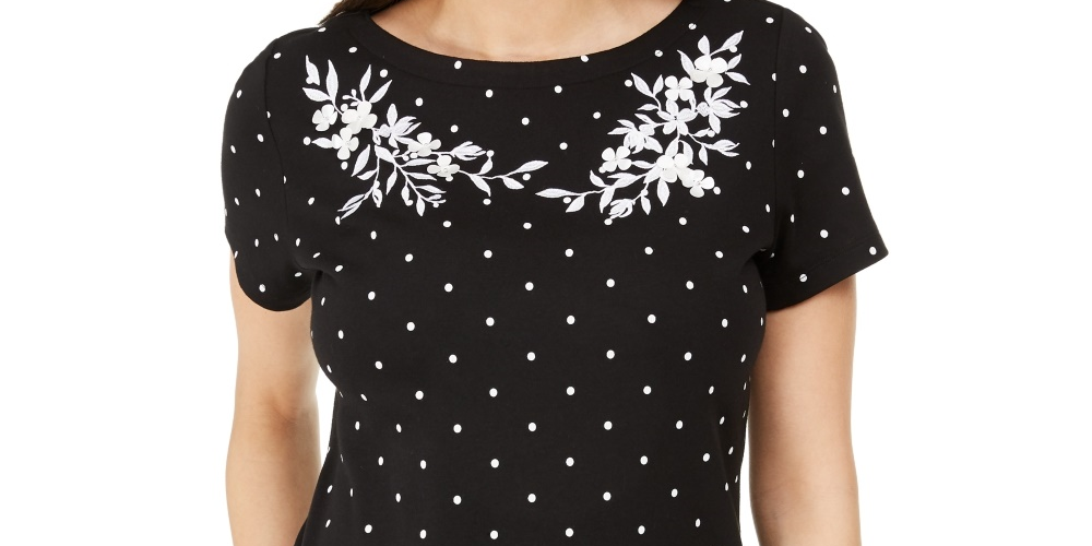Karen Scott Women's Printed Embroidered Boat-Neck Cotton Top Black Size Small