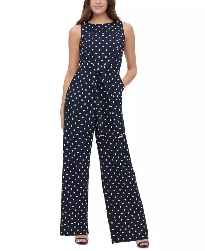 Tommy Hilfiger Women's Polka Dot Tie Waist Jumpsuit Blue Size 14