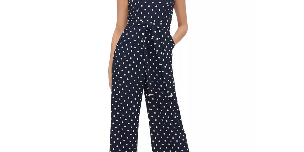 Tommy Hilfiger Women's Polka Dot Tie Waist Jumpsuit Blue Size 14