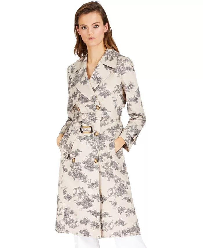 INC International Concepts Women's Pocketed Floral Trench Jacket Gray Size Large