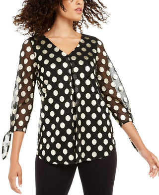 Alfani Women's V Neck Dot Print Mesh Top Black Size -L