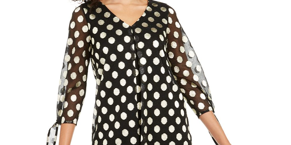 Alfani Women's V Neck Dot Print Mesh Top Black Size -L
