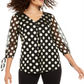 Alfani Women's V Neck Dot Print Mesh Top Black Size -L