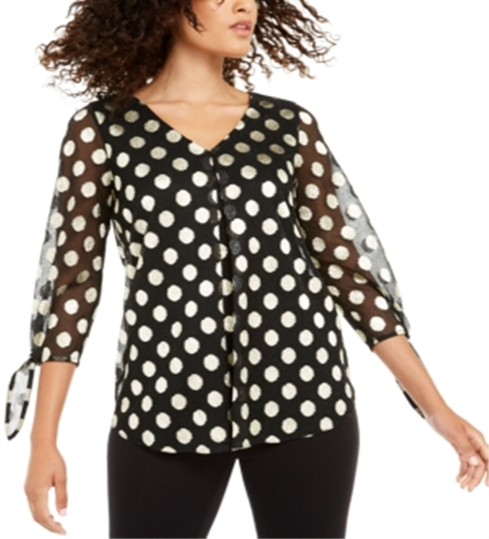 Alfani Women's V Neck Dot Print Mesh Top Black Size -L