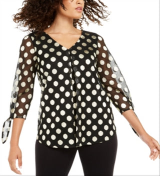 Alfani Women's V Neck Dot Print Mesh Top Black Size -L