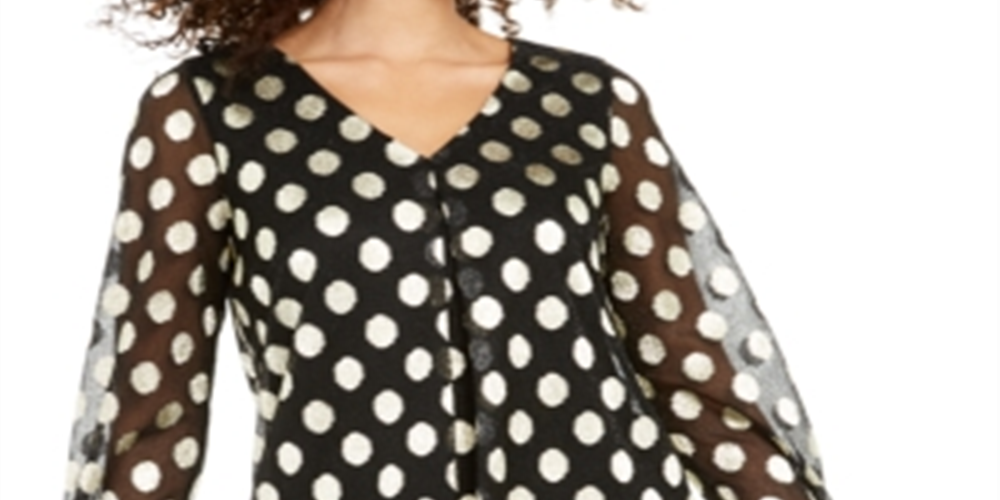 Alfani Women's V Neck Dot Print Mesh Top Black Size -L
