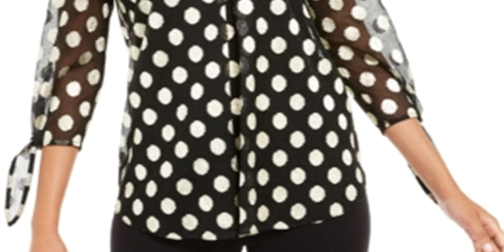 Alfani Women's V Neck Dot Print Mesh Top Black Size -L