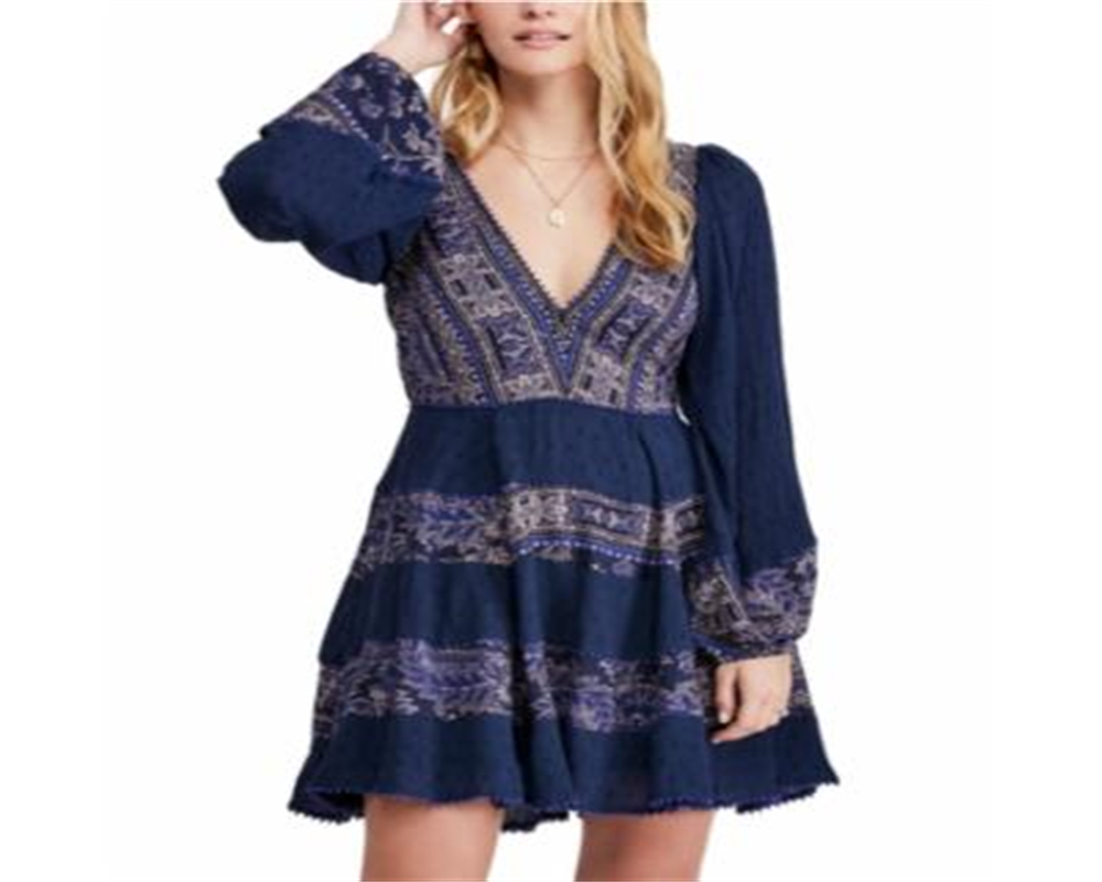 Free People Women's Long Sleeve Above the Knee Dress Blue Size Small