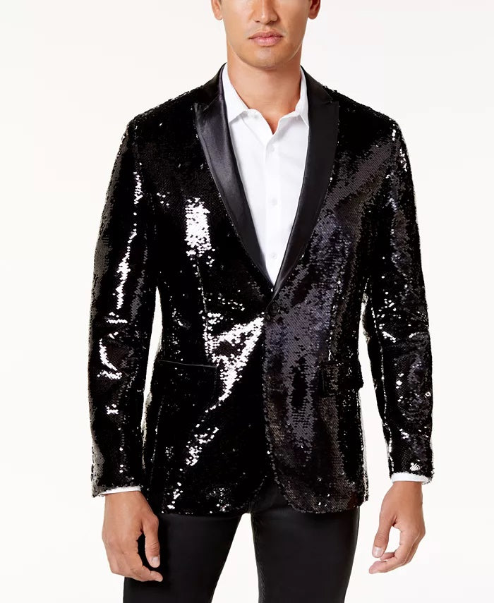 INC International Concepts Men's Slim Fit Reversible Sequined Blazer Black Scales Size 3XLT