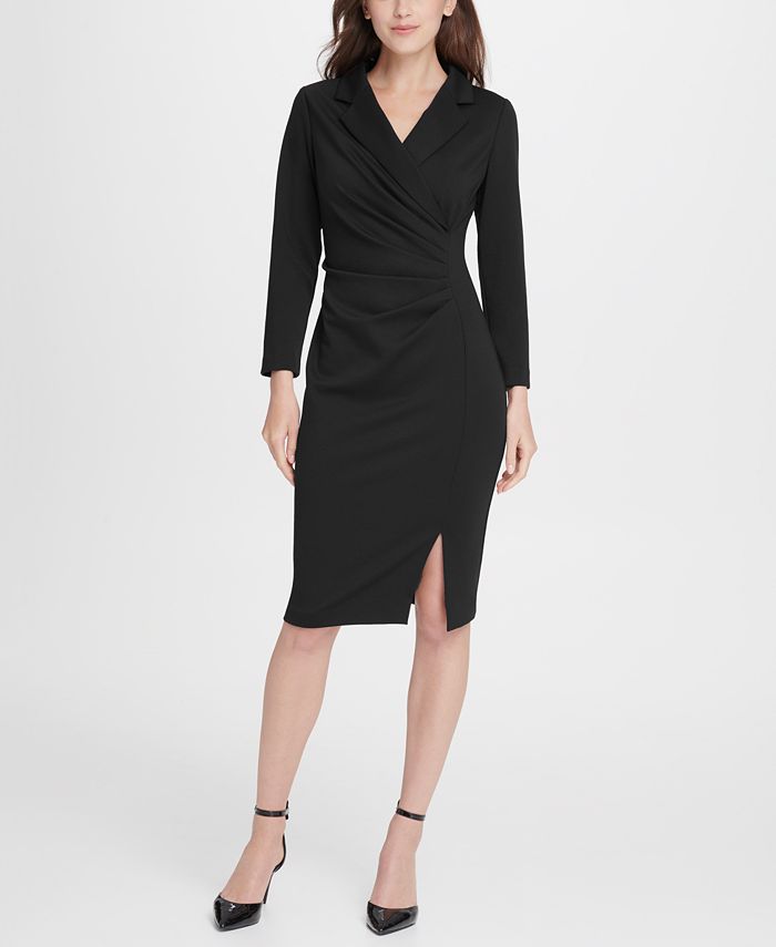 DKNY Women's Ponte Collared Side Ruche Sheath Dress Black Size -12