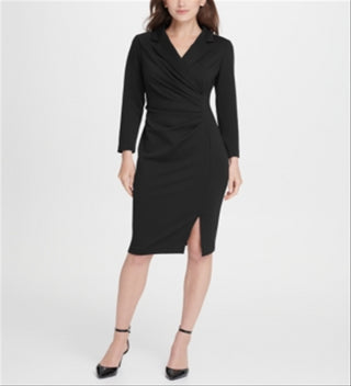DKNY Women's Ponte Collared Side Ruche Sheath Dress Black Size -12