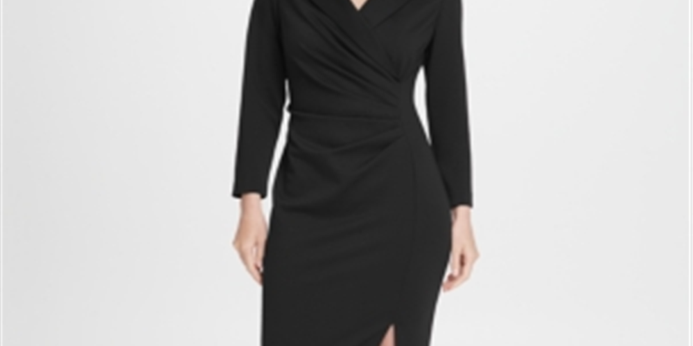 DKNY Women's Ponte Collared Side Ruche Sheath Dress Black Size -12