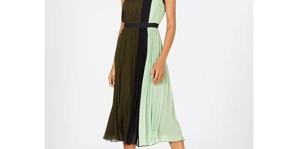 Alfani Women's Colorblocked Pleated Sleeveless Dress  Green Size 12