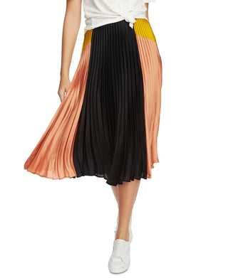 1.STATE Women's Colorblock Satin Pleated Midi Skirt Black  Size 8