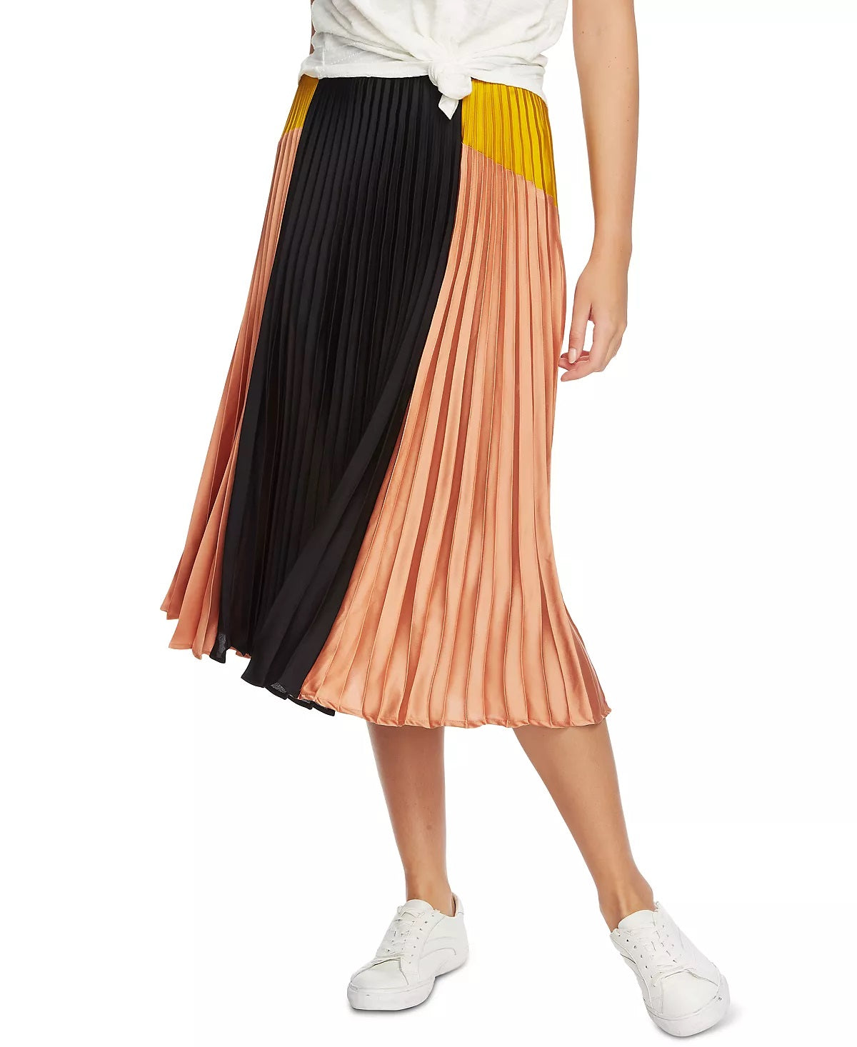 1.STATE Women's Colorblock Satin Pleated Midi Skirt Black  Size 8