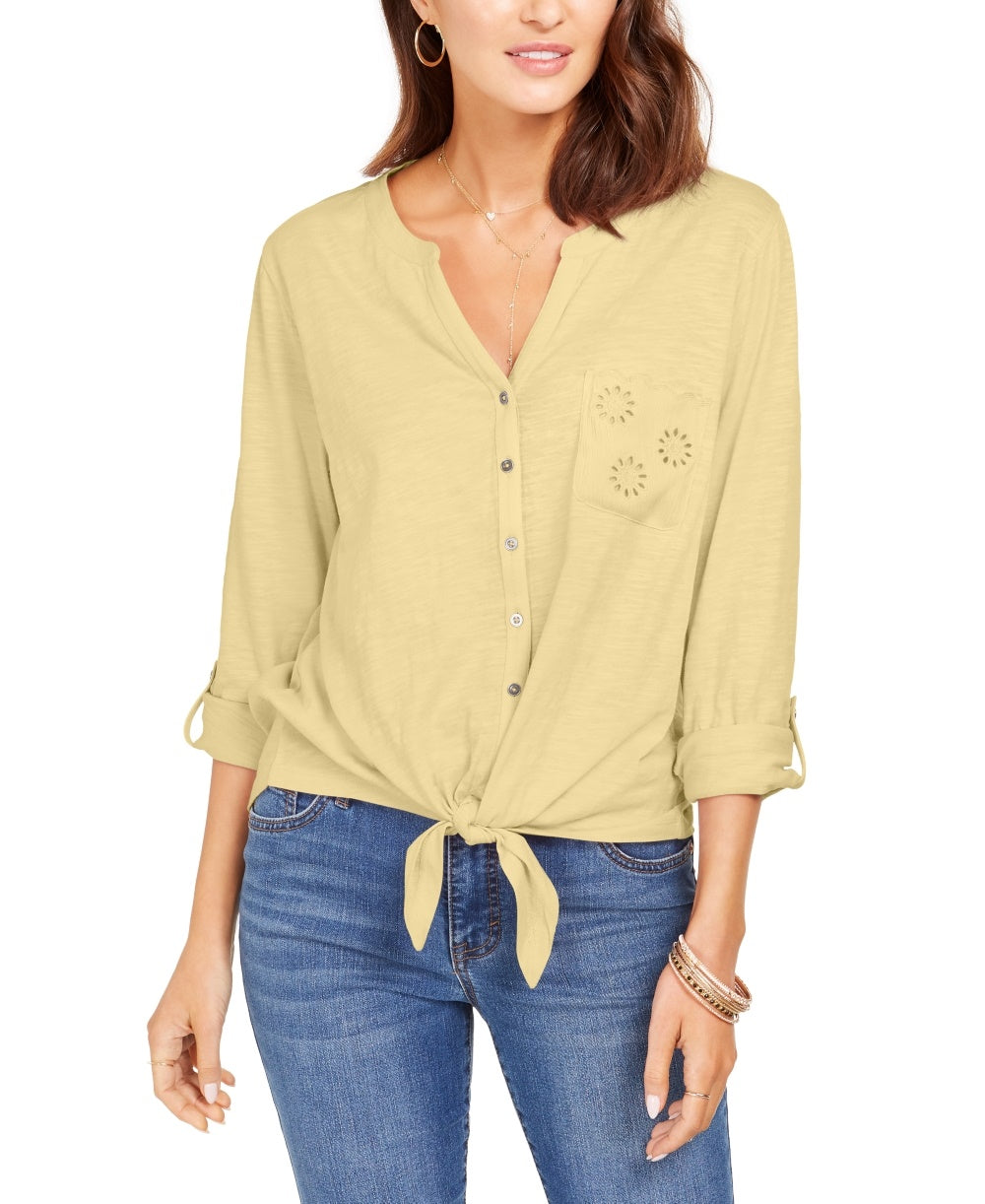 Style & Co Women's Eyelet-Pocket Tie-Front Top  Yellow Size XX Large