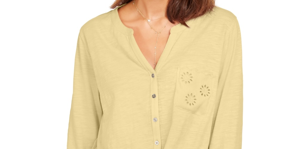 Style & Co Women's Eyelet-Pocket Tie-Front Top  Yellow Size XX Large