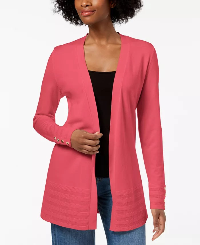 Charter Club Women's Pointelle Trim Open Front Cardigan Pink Size Petite L