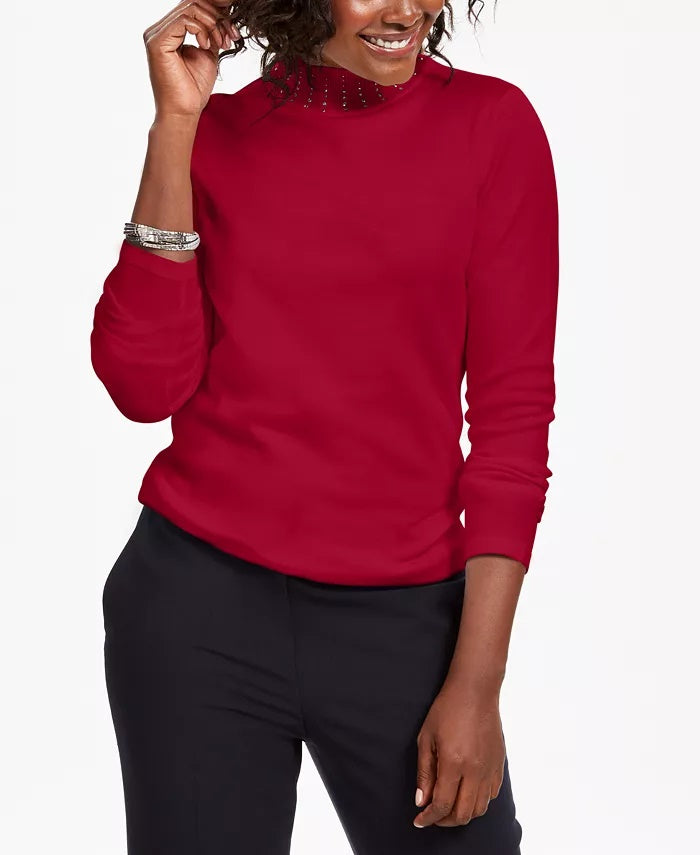 Karen Scott Women's Studded Mock Neck Sweater Red Size Medium